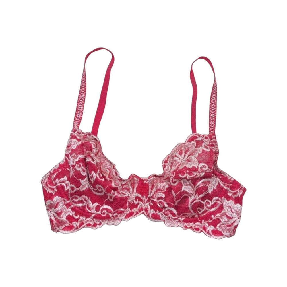 Wacoal Lost in Lace Underwire Bra sz 32D * Red & Cream Unlined Floral Scalloped